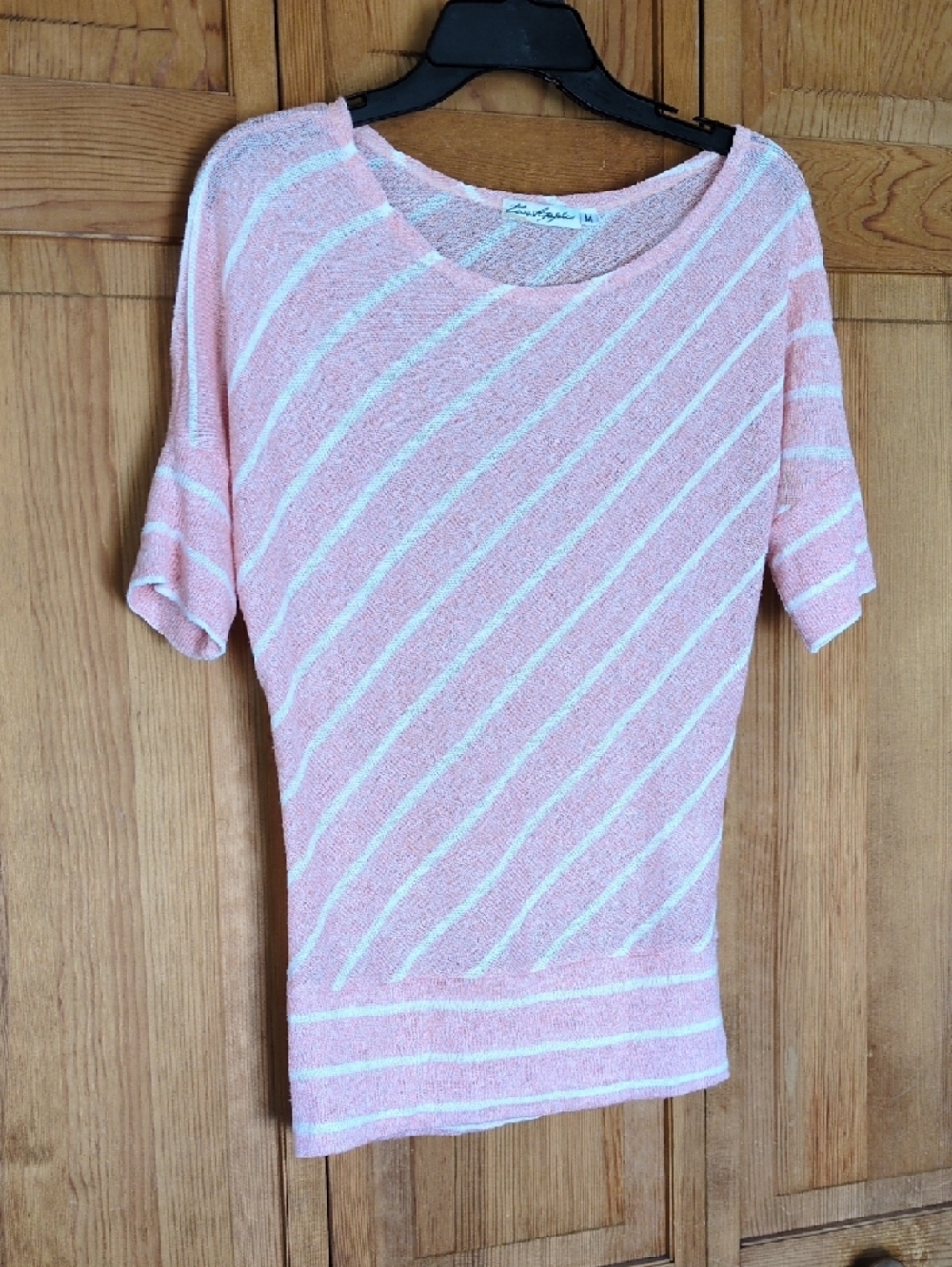 Two Apples Peach White Diagonal Stripe Short Sleeve Knit Off Shoulder Top Size M